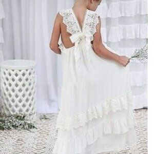 Beach Flower Girls Dress for Wedding V Neck Chiffon Lace